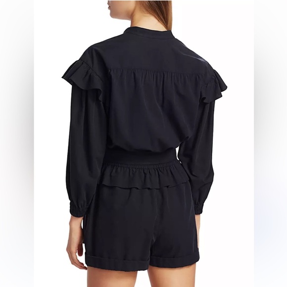 DEREK LAM 10 CROSBY- Floral Embroidery Black Long Sleeve Wrap Romper - Picture 6 of 16